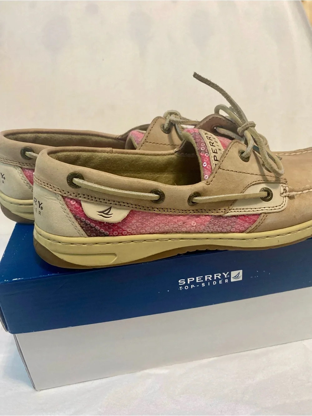 Sperry Bluefish Linen Rose Plaid Sequin Tan & Pink Leather Sequin Boat Shoes 9
